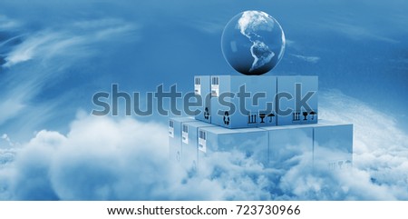 Digital composite image of globe on boxes against idyllic view of cloudscape against sky