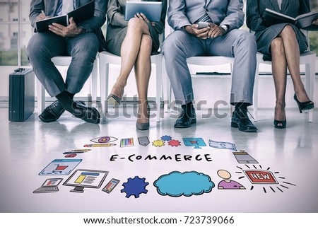 Business people waiting to be called into interview against e-commerce text amidst various icons