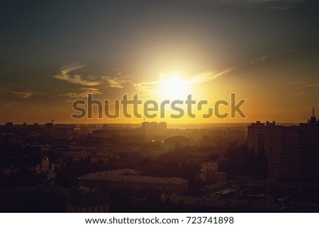 City during warm sunset, Voronezh skyline, toned