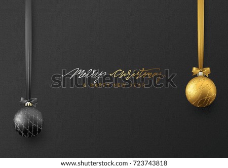 Christmas background with shining gold and black ball. Lettering Merry Christmas card vector Illustration.