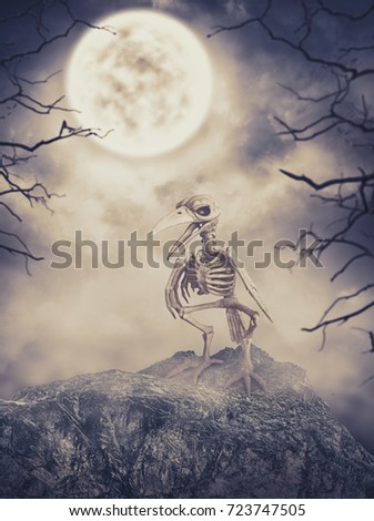 Bird skeleton on the stone against spooky sky. Halloween scene