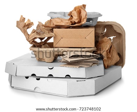 Pile of cardboard garbage on white background Royalty-Free Stock Photo #723748102