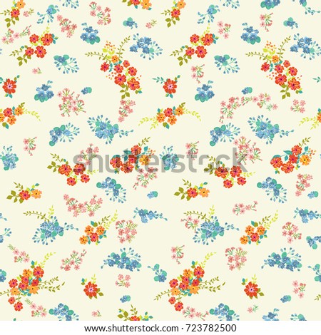 Simple cute pattern in small-scale flowers. High-coverage millefleurs. Calico style. Floral seamless background for textile or book covers, manufacturing, wallpapers, print, gift wrap and scrapbooking