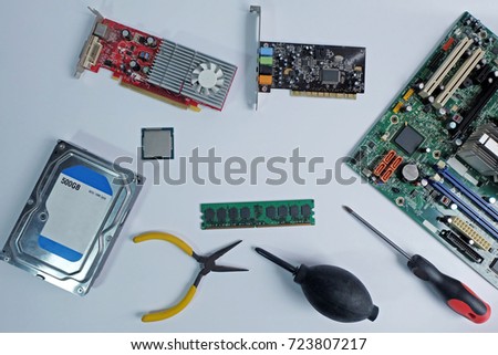 Top view, Computer Hardware, hard drive, cpu, ram, vga card, Sound card, and Motherboard, On white background