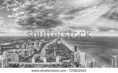 Magnificent skyline of Miami Beach at sunset, aerial view.
