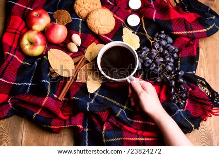 Hands keeping cup of coffee Apple Cookies Cinnamon Grape Wooden background Autumn blanket Beautiful Autumn lifestyle concept Top view Picnic