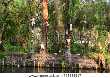 Xochimilco is an island of abandoned dolls. View from the boat. Royalty-Free Stock Photo #723855517