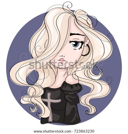 Gothic cartoon blonde girl character, cute young woman fashion portrait, vector illustration art