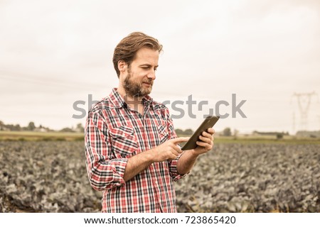 Happy smiling forty years old caucasian farmer in plaid shirt working on (using) tablet in front of cabbage field. Modern technology in agriculture - concept. Country outdoor scenery.