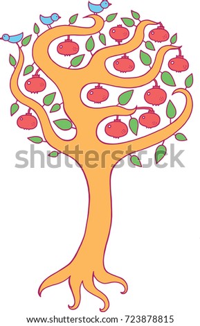 Pomegranate tree - kids colorful illustration. doodle art drawing for coloring pages and books, design.