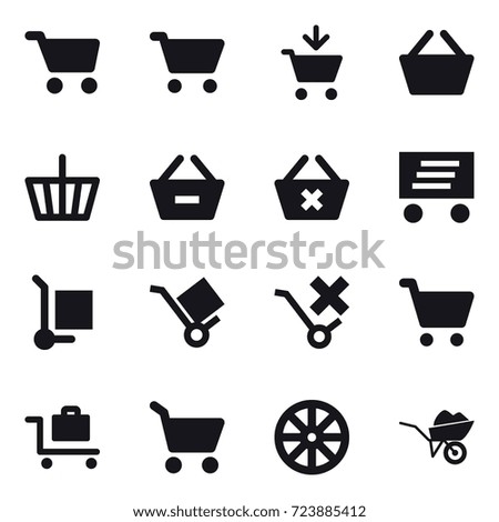 16 vector icon set :  add to cart, basket, basket, remove from basket,  delivery, cargo stoller, baggage trolley, cart, wheel, wheelbarrow