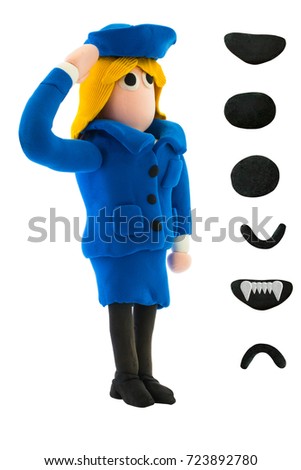 Plasticine police woman in salute action on white background