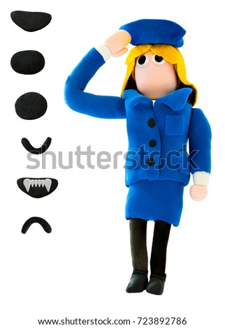 Plasticine police woman in salute action on white background