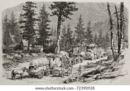 Old illustration of caravan near Cisco, along Union Pacific Railroad, Nevada. Original, by Lancelot, was published on L'Illustration, Journal Universel, Paris, 1868