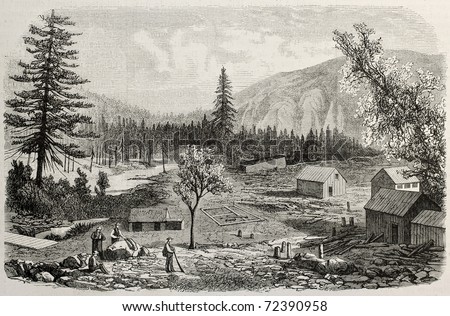 Antique illustration of a village on the bank of North Yuba river, California, USA. Original, created by Blanchard and Cosson-Smeeton, was published on L'Illustration, Journal Universel, Paris, 1868