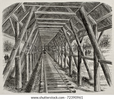 Old illustration of wooden snow canopy along Union Pacific Railroad, Sierra Nevada, USA. Original, by Lancelot, was published on L'Illustration, Journal Universel, Paris, 1868