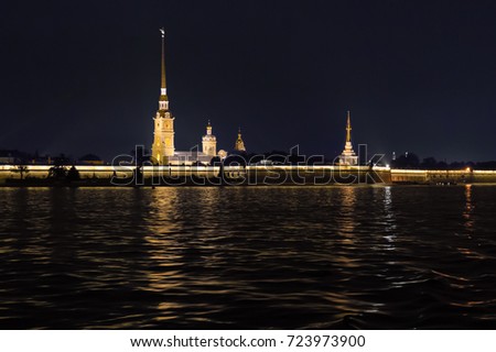 View of the Peter and Paul fortress and Cathedral of Peter and Paul. Saint - Petersburg. August 2017. Night photography.
