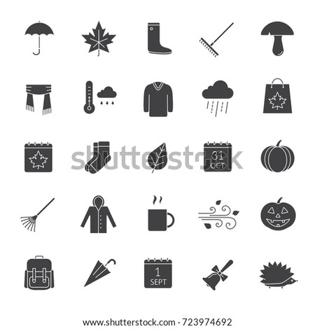 Autumn glyph icons set. September 1 and October 31 silhouette symbols. Warm clothes, autumn sale, leaves, umbrella, calendar, rake, sale, rainy weather. Raster isolated illustration