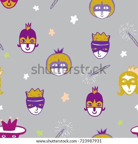 Seamless pattern with little wizards, magic wands and stars. A vector illustration.