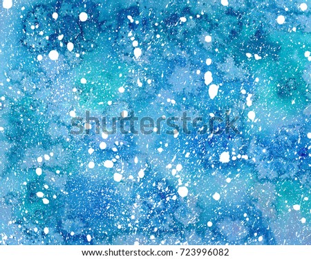 Watercolor winter frozen blue sky pattern. Hand drawn illustration. Abstract christmas background, watercolor painting. Snowfall backdrop. Holiday drawing. 