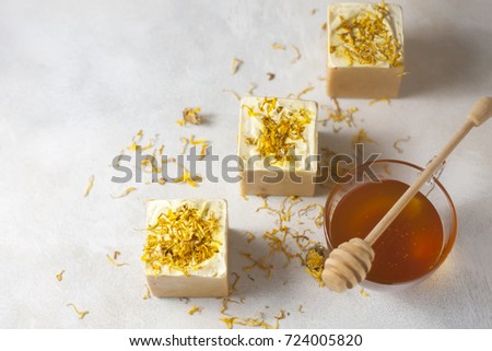 handmade soap with honey and calendula. Selective focus