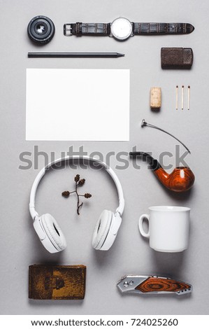 Mens vintage casual things on a gray background. Flat lay and top view