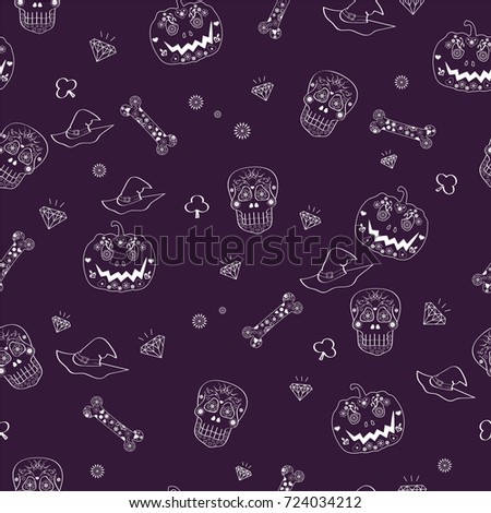 Vector seamless pattern with skulls, diamonds and pumpkins