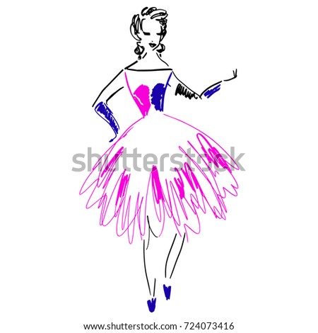 Colorful female model. Pretty girl silhouette in stylish cocktail dress for advertising, shop, showcase, covers, prints, posters, party, cards.Hand drawn sketch, curly lines. Black, pink, blue, white.