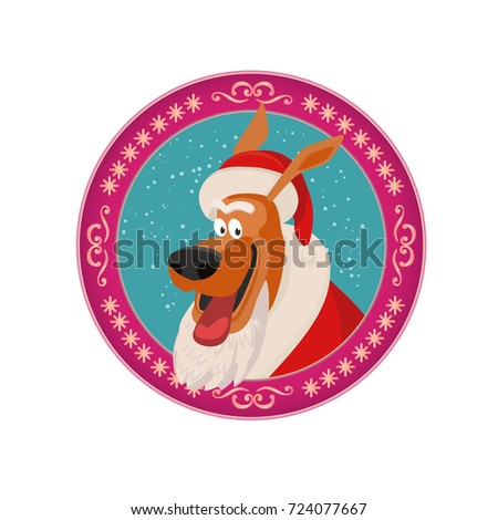 Happy Holiday poster with Santa Claus dog. Pet in father Santa hat. Cute cartoon animal. Round sticker for celebration event. New Year party, Christmas decoration invitation badge. Vector illustration