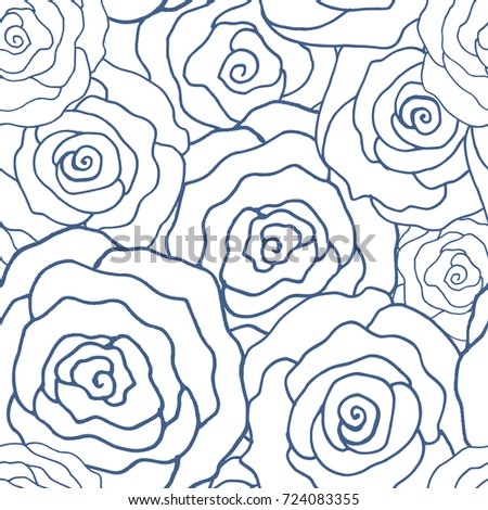 Vector illustration of beautiful stylized rose flowers in linear seamless pattern