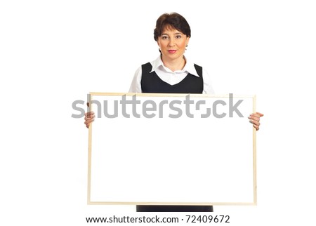 Business mature woman holding blank banner isolated on white background
