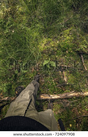 High angle view of legs and feet in forest.