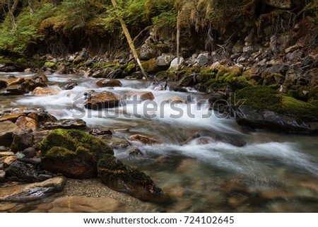 Fresh Cold Water running down the beautiful creek in the forest. Picture taken far remote East of Vancouver and Seattle, in Washington State, North America.
