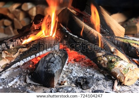 Close-up of flames of a campfire burning with wood and glowing coals