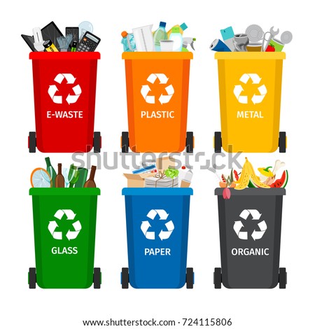 Trash in garbage cans with sorted garbage vector icons. Recycling garbage separation collection and recycled isolated on white background Royalty-Free Stock Photo #724115806