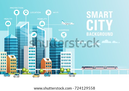 Urban landscape with infographic elements. Smart city. Modern city. Concept website template. Vector illustration. Royalty-Free Stock Photo #724129558