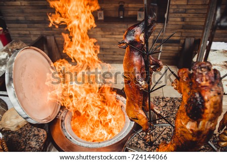 Grilled pig, roasted rabbit, lamb traditional, hot tandoor grill. Hot Meat dishes