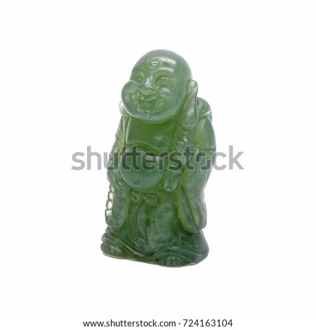 Green jade smiling Buddha isolated on white background. Jade carving : Smiling Buddha