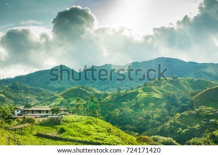 This image shows a farmhouse of a coffee farmer outside of Jercio Colombia Royalty-Free Stock Photo #724171420