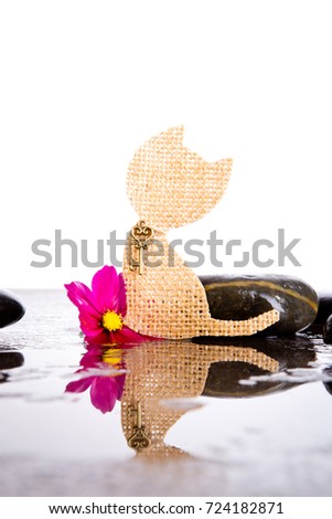 Pink Cosmos Flowers and burlap cat shape on black massage rocks with water drops on wet gray - grey slate background