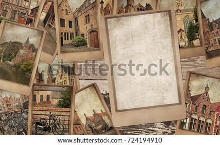 Vintage photo collage of Bruges on the old wood background. Remembering Belgium. Free space for text is available. European tourism. Vacation and travel concept