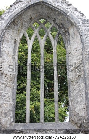 Old stone window, forest in the background, Ireland.