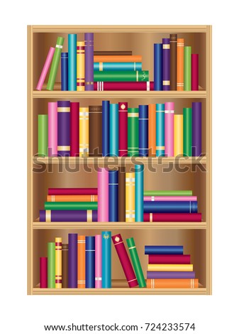 Wooden bookcase with bright and colorful books