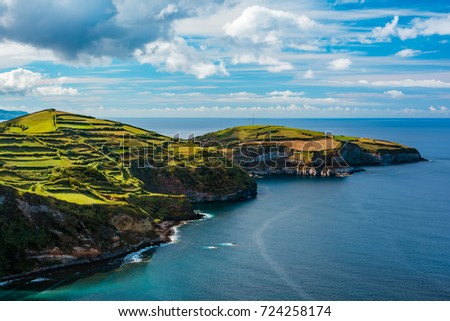 Beautiful panoramic view over Sao Miguel Island and Atlantic ocean from Miradouro De Santa Iria in Sao Miguel Island, Azores, Portugal Royalty-Free Stock Photo #724258174