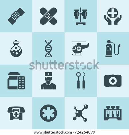 Simple 16 set of medicine filled icons such as medicine, patch, test tube, medical, dna, molecule, medical phone, medical care, doctor, helicopter, dentist tools, oxygen
