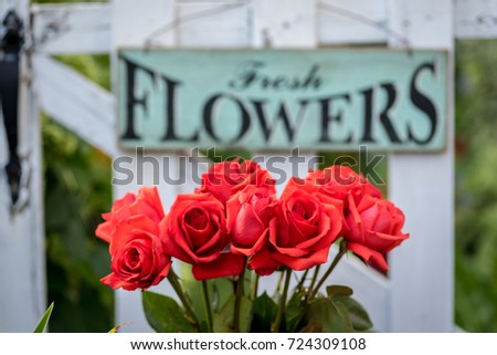 red roses in front of white picket fence with fresh flowers sign