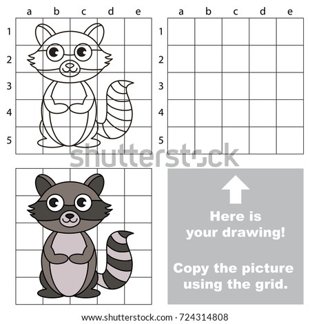 Copy the picture using grid lines, the simple educational game for preschool children education with easy gaming level, the kid drawing game with Small Funny Raccoon