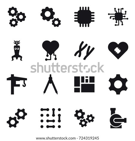 16 vector icon set : gear, chip, dna modify, cardio chip, tower crane, drawing compass, gears, water pump