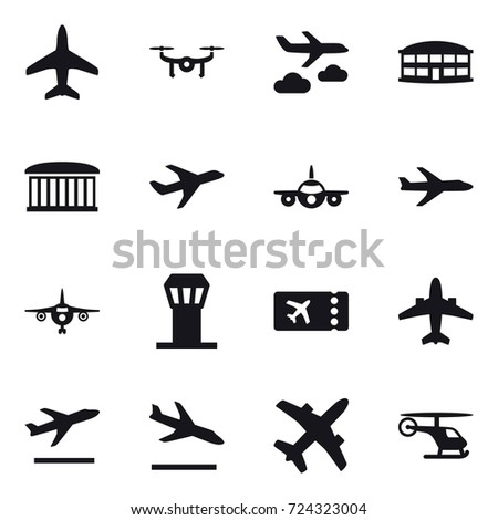 16 vector icon set : plane, drone, journey, airport building, airport tower, ticket, airplane, departure, arrival