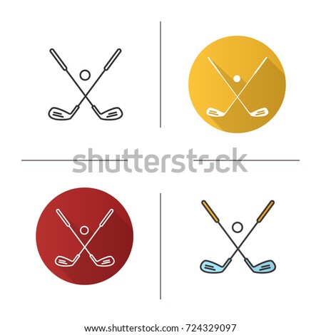 Golf ball and clubs icon. Flat design, linear and color styles. Golf equipment. Isolated raster illustrations